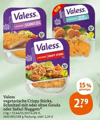 tegut Valess vegetarische Crispy Sticks, Schnitzel mit oder ohne Gouda oder Safari Nuggets 160/180/198 g Packung Angebot