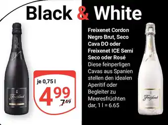 Globus Black & White Freixenet Cordon Negro Brut, Seco Cava DO oder Freixenet ICE Semi Seco oder Rosé  je 750 ml Angebot