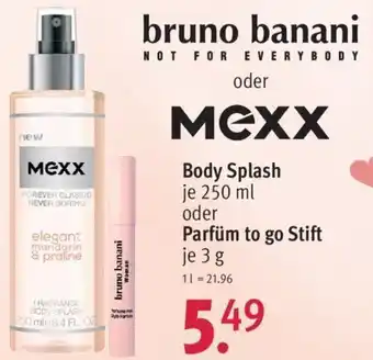 Rossmann bruno banani oder Mexx Body Splash 250 ml oder Parfüm to go Stift 3 g Angebot