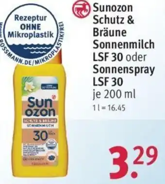 Rossmann Sunozon Schutz & Bräune Sonnenmilch LSF 30 oder Sonnenspray LSF 30, 200 ml Angebot