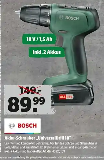 Hagebau Bosch Akku Schrauber UniversalDrill 18 Angebot