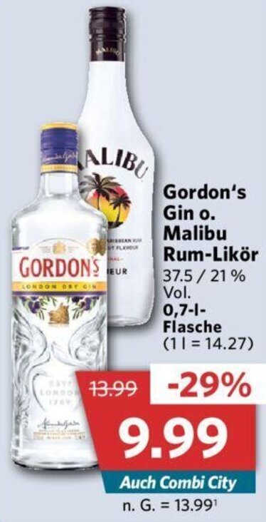 Gordon's Gin o. Malibu Rum-Likör 0,7 L Flasche Angebot bei Combi