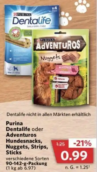 Combi Purina Dentalife oder Adventuros Hundesnacks, Nuggets, Strips, Sticks 90-142 g Packung Angebot