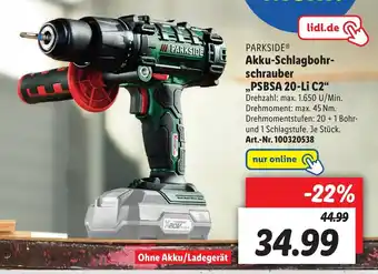 Lidl Parkside Akku Schlagbohrschrauber PSBSA 20-Li C2 Angebot