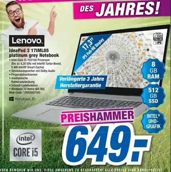 Expert Lenovo IdeaPad 3 17IML05 platinum grey Notebook Angebot