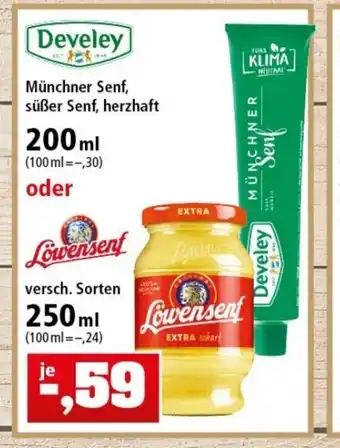 Thomas Philipps Develey Münchner Senf, Süßer Senf, herzhaft 200ml oder Löwensenf 250ml Angebot