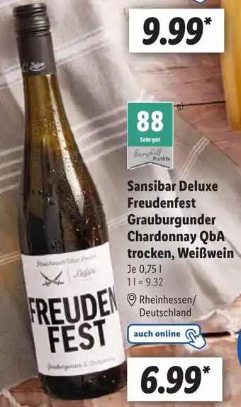Lidl Sansibar Deluxe Freudenfest Grauburgunder Chardonnay QbA trocken, Weißwein 0,75 L Angebot
