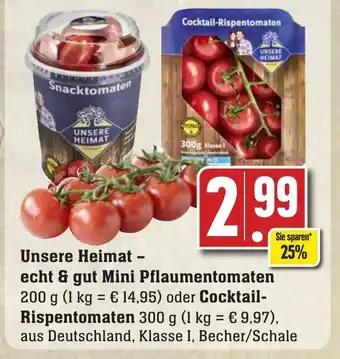 Edeka Neukauf Mini Pflaumentomaten 200 g o. Cocktail-Rispentomaten 300g Angebot