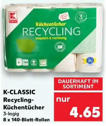 Kaufland K-CLASSIC Recycling-Küchentücher 8 x 140-Blatt-Rollen Angebot