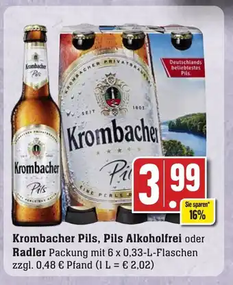 Edeka Neukauf Krombacher Pils, Pils Alkoholfrei oder Radler Packung mit 6 x 0,33-L Angebot