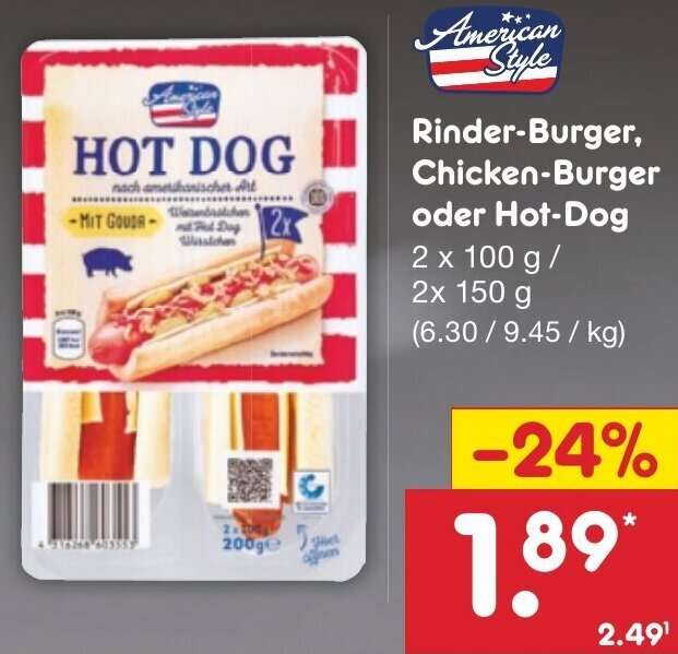 American Style RinderBurger, ChickenBurger oder HotDog 2x100 g/2x150