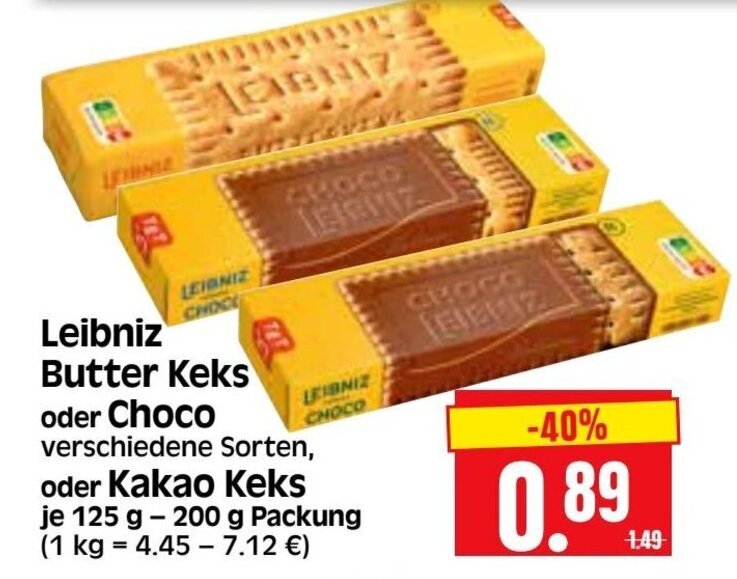 Leibniz Butter Keks oder Choco oder Kakao Keks 125200g Angebot bei