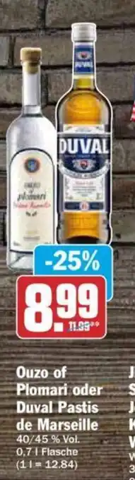 Hit Ouzo Of Piomari oder Duval Pastis de Marseille 0,7 l Flasche Angebot