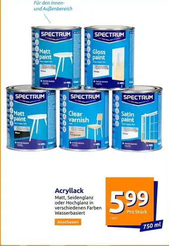 Action SPECTRUM Acryllack Matt, Seidenglanz oder Hochglanz in verschiedenen Farben Wasserbasiert 750ml Angebot