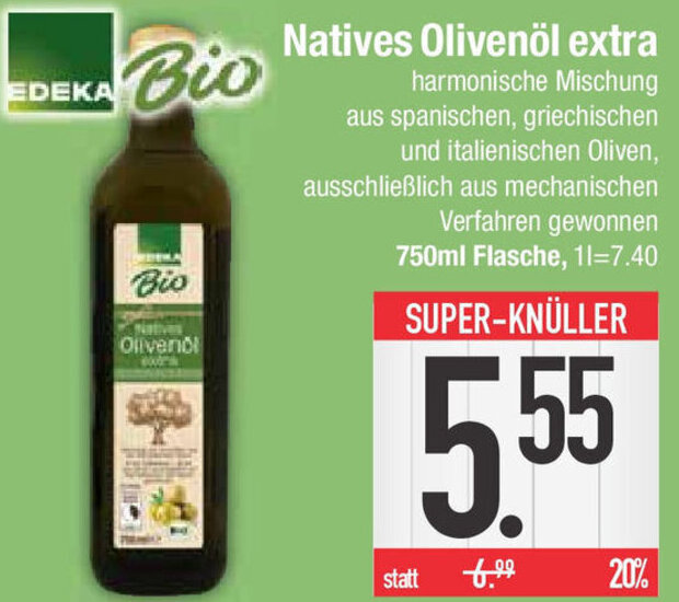 Edeka Bio Natives Olivenöl extra 750 ml Flasche Angebot bei ECenter