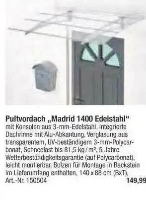 toom Baumarkt Pultvordach „madrid 1400 Edelstahl” Angebot