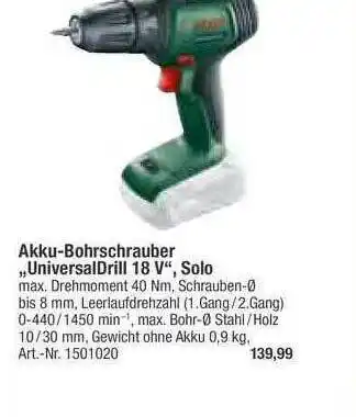 toom Baumarkt Akku-bohrschrauber „universaldrill 18v”, Solo Angebot