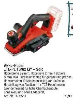 toom Baumarkt Akku-hobel Te-pl 18.82 Li Solo Angebot