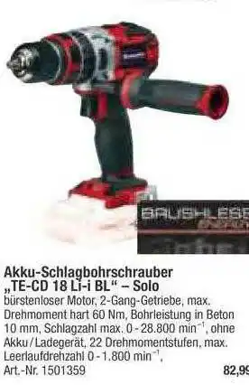 toom Baumarkt Akku-schlagbohrschrauber Te-cd 18 Li-i Bl Solo Angebot