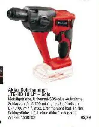 toom Baumarkt Akku-bohrhammer Te-hd 18 Li Solo Angebot