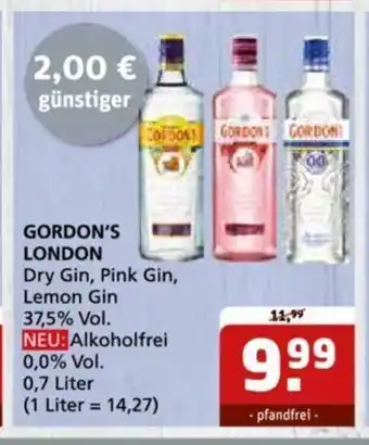 Getränke Quelle GORDON'S LONDON Dry Gin, Pink Gin, Lemon Gin 700ml Angebot