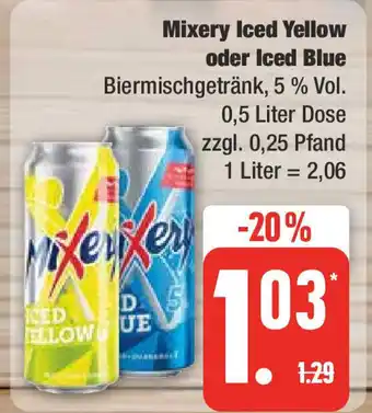 Edeka Mixery Iced Yellow oder Iced Blue Biermischgetränk, 5 % Vol. 0,5 L Angebot