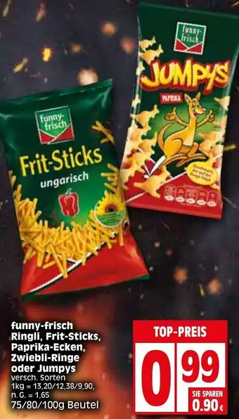 Elli Markt funny-frisch Ringli, Frit-Sticks, Paprika-Ecken, Zwiebli-Ringe oder Jumpys 75/80/100g Beutel Angebot