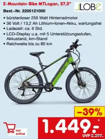 Netto Marken-Discount JLOBE E-Mountain-Bike MTLogan, 27,5" Angebot