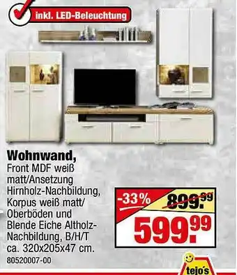 SB Lagerkauf Wohnwand Front Mdf Weiß Matt Ansetzung Hirnolz-nachbildung Angebot