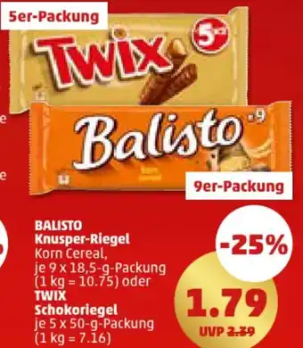 PENNY Balisto Knusper Riegel 9x18,5 g oder Twix Schokoriegel 5x50 g Packung Angebot