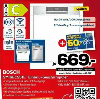 Euronics XXL Bosch Smi6ecs51e Einbau-geschirrspüler Angebot