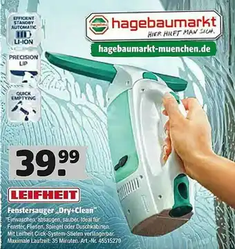 Hagebau Leifheit Fenstersauger „dry+clean” Angebot