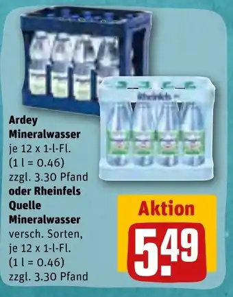 REWE Ardey Mineralwasser je 12 x 1-l-Fl. oder Rheinfels Quelle Mineralwasser je 12 x 1-l-Fl. Angebot