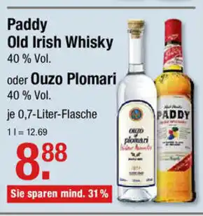 V Markt Paddy Old Irish Whisky oder Ouzo Plomari 0,7L Angebot