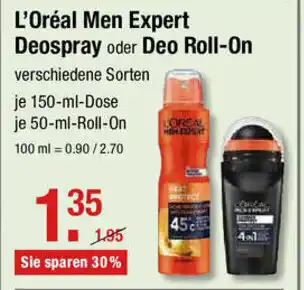 V Markt L'Oréal Men Expert Deo Spray oder Roll On 150ml/50ml Angebot