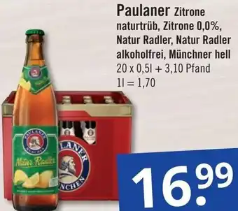 GetränkePartner Paulaner Zitrone naturtrüb, Zitrone 0,0%, Natur Radler, Natur Radler alkoholfrei, Münchner hell 20 x 0,5 L Angebot