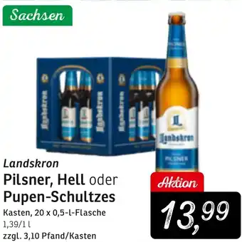 KONSUM Landskron Pilsner, Hell oder Pupen-Schultzes 20x0,5 L Flasche Angebot