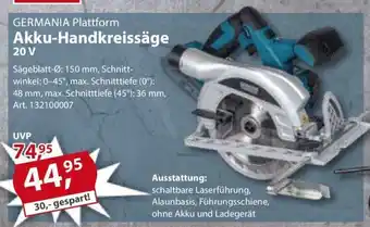 Sonderpreis Baumarkt GERMANIA Plattform Akku-Handkreissäge 20V Angebot