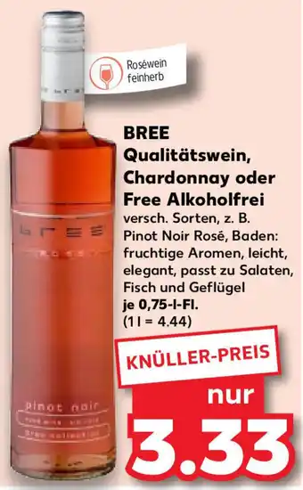 Kaufland BREE Qualitätswein, Chardonnay oder Free Alkoholfrei 0,75 L-Fl. Angebot