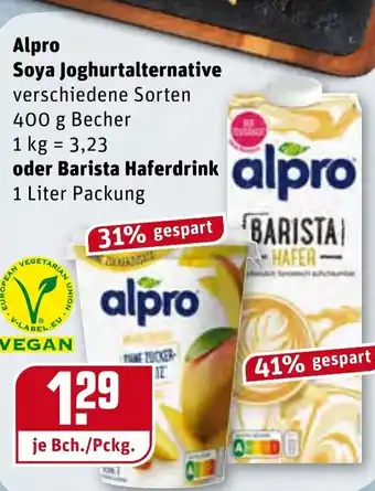 REWE Alpro Soya Joghurtalternative 400g Becher oder Barista Haferdrink 1L Angebot