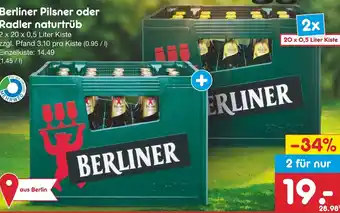 Netto Marken-Discount Berliner Pilsner oder Radler naturtrüb 2 x 20 x 0,5 Liter Kiste Angebot