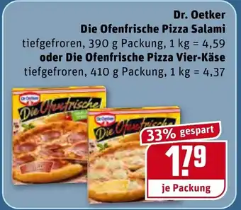 REWE Dr. Oetker Die Ofenfrische Pizza Salami 390g oder Die Ofenfrische Pizza Vier Käse 410g Angebot