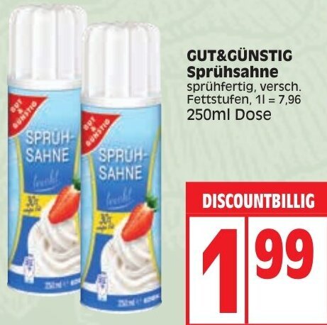 GUT&GÜNSTIG Sprühsahne 250ml Dose Angebot bei Edeka