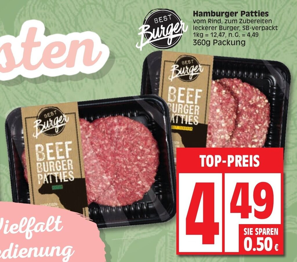 Best Burger Hamburger Patties 360 g Packung Angebot bei Edeka
