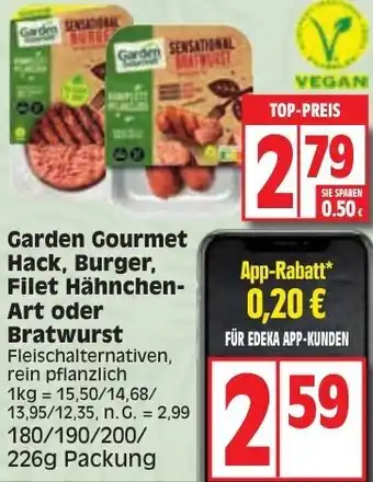 Edeka Garden Gourmet Hack, Burger, Filet Hähnchen-Art oder Bratwurst 180/190/200/ 226g Packung Angebot