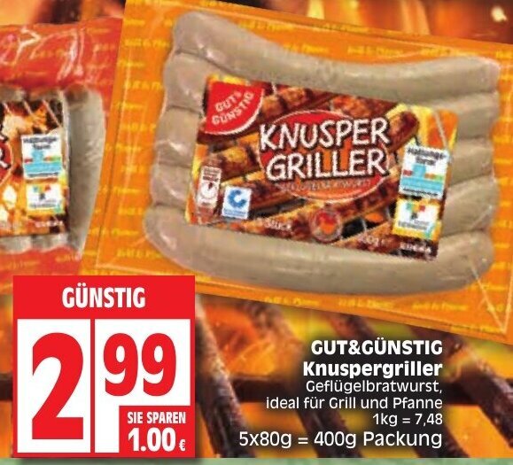 GUT&GÜNSTIG Knuspergriller 400 g Packung Angebot bei Edeka