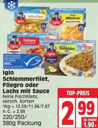 Edeka iglo Schlemmerfilet, Filegro oder Lachs mit Sauce 220/250/380 g Packung Angebot