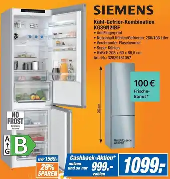 Expert SIEMENS Kühl-Gefrier-Kombination KG39N21BF Angebot