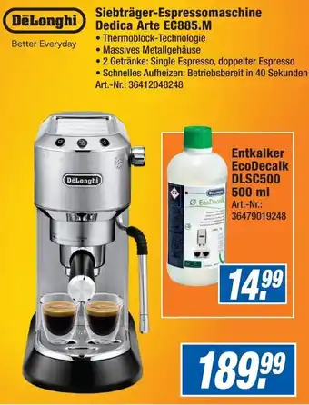 Expert DeLonghi Siebträger-Espressomaschine DeLonghi Dedica Arte EC885.M Angebot