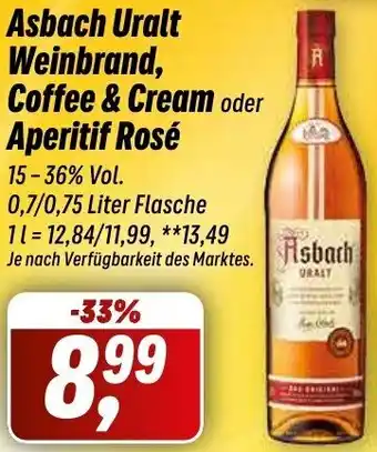 Simmel Asbach Uralt Weinbrand, Coffee & Cream oder Aperitif Rosé 0,7/0,75 Liter Flasche Angebot